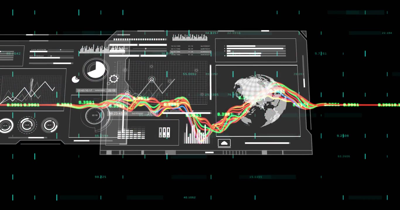 Dashboard panel appearing, waveform rising, splitting and aligning with panels, visualizing data