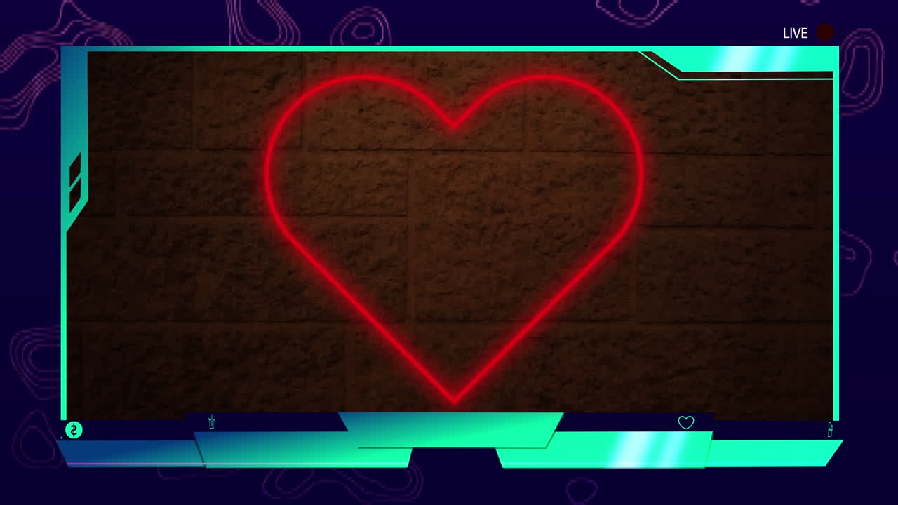 벽돌 벽에 대한 네온 빨간 심장 아이콘 위에 디지털 인터페이스의 디지털 애니메이션