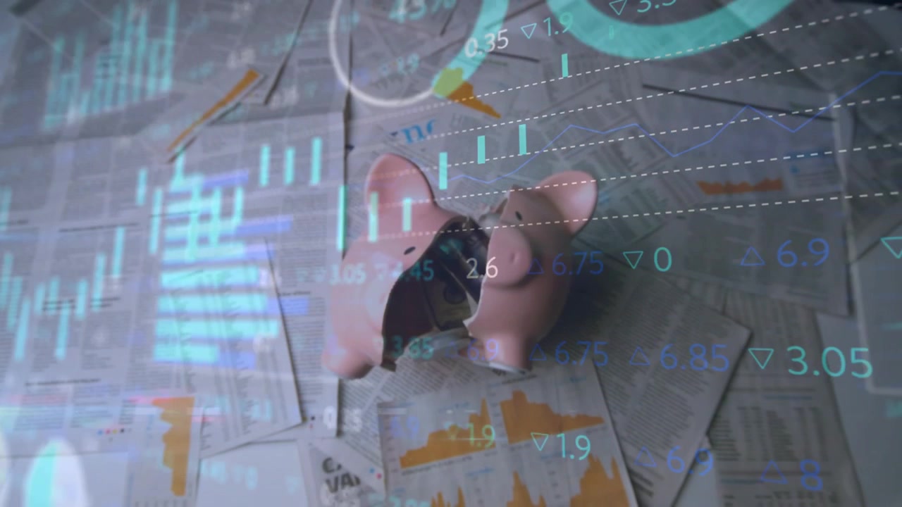 Broken Piggy Bank with Financial Data Overlay