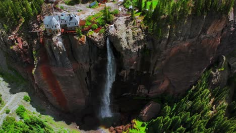 summer green telluride bridal veil falls waterfall colorado powerplant house aerial drone box canyon black bear pass road rocky mountains 4wd hiking blue sky cliffside uncompahgre forest circle right