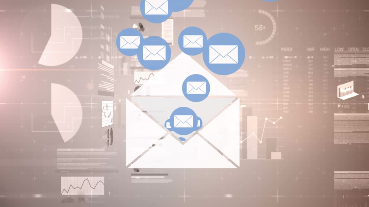 Animation of floating email envelope icons and data processing on interface screens