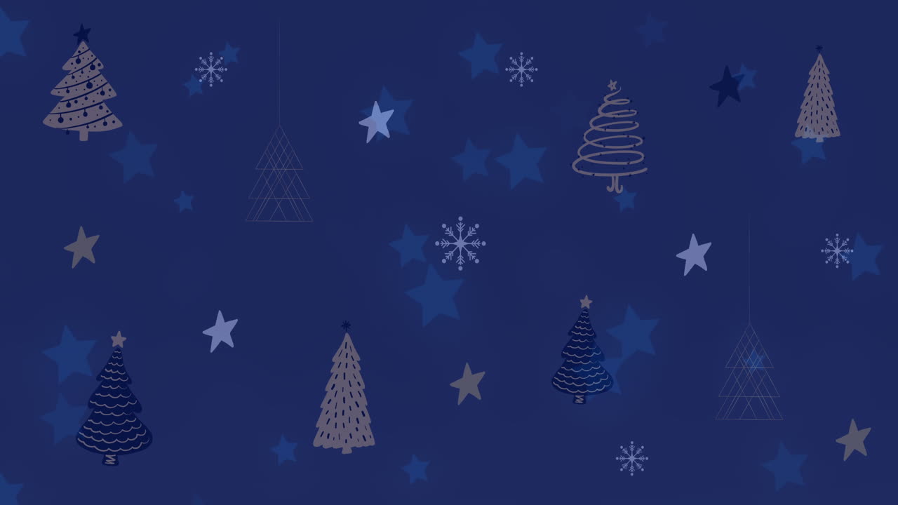 animación de estrellas y patrón de árbol de navidad en fondo oscuro