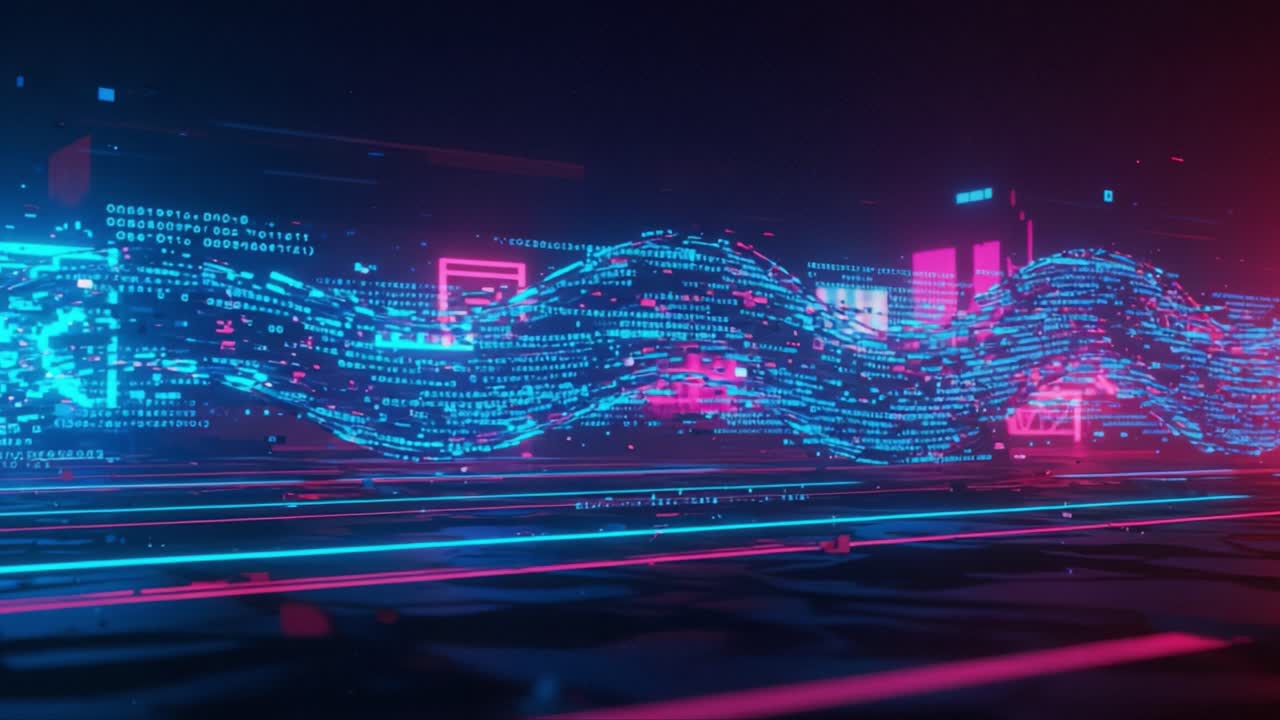 A Dynamic Visualization of Digital Data Waves in a Futuristic Cityscape with Vibrant Colors and Glowing Technology Elements Depicting Information Flow