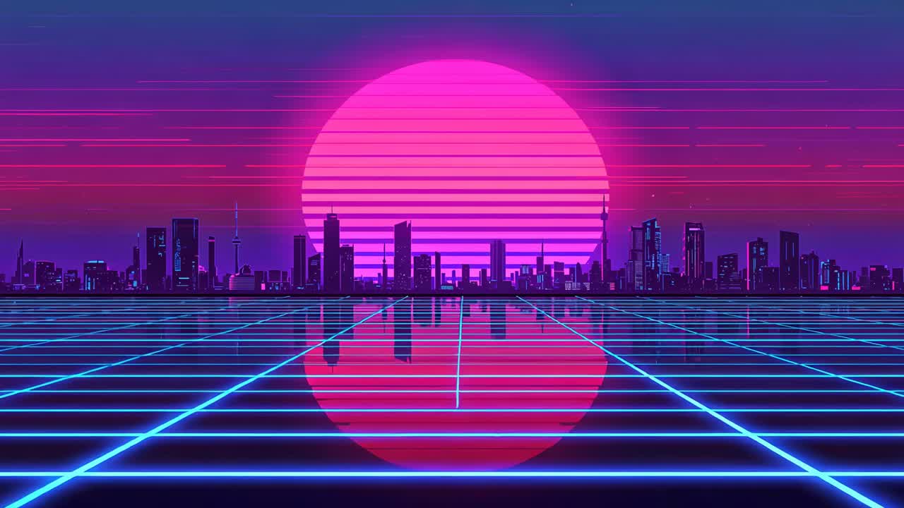 Pulsing pink sun and neon grid glowing as loop starts, advancing at coast dusk, reflecting skyline