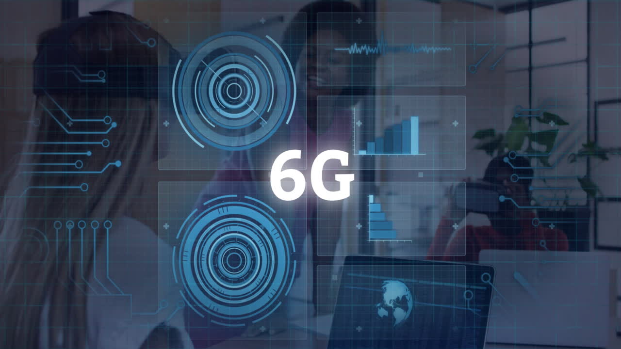 Animation of 6G technology overlaying digital interface in business meeting scene