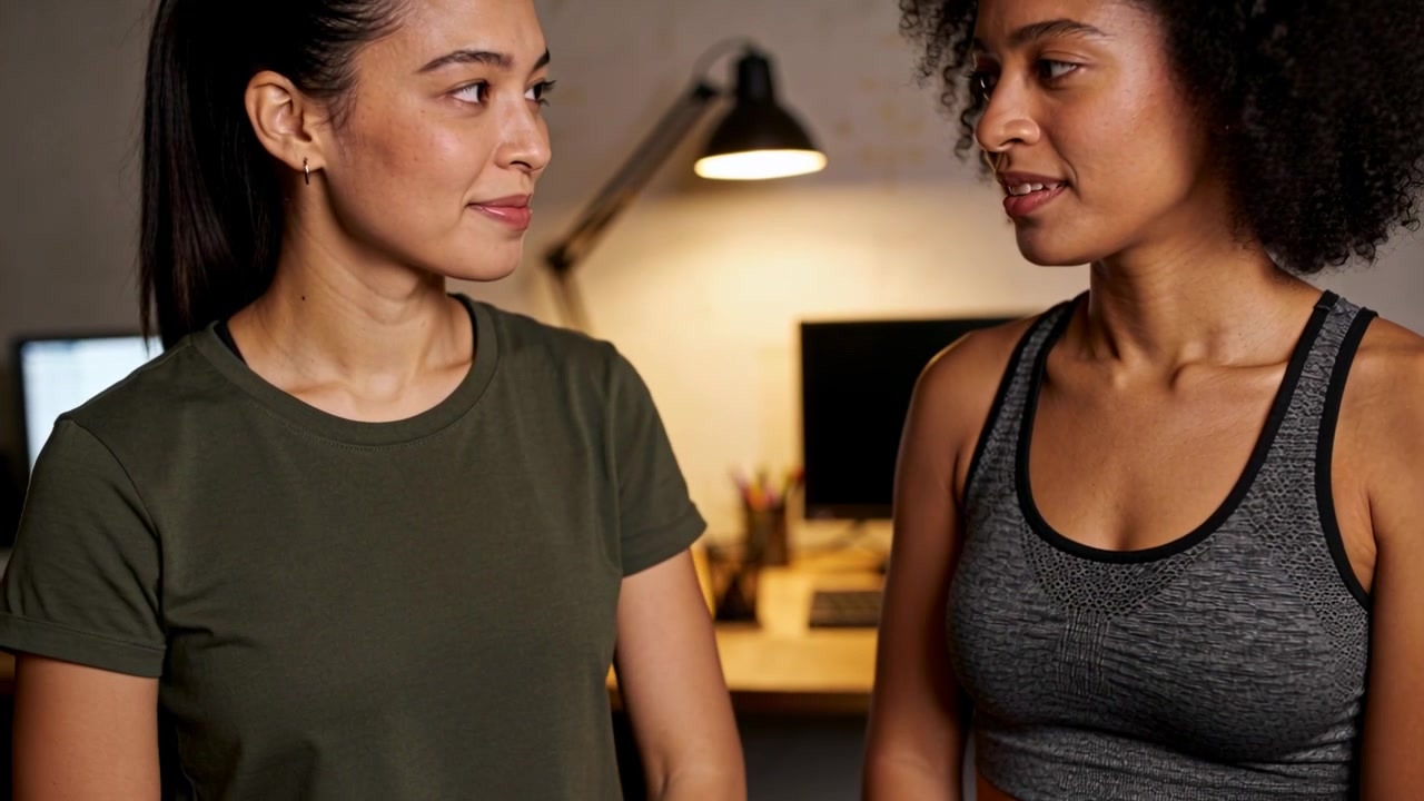 Tapping smartwatches, two women in sportswear checking devices preparing workout at home desk lamp