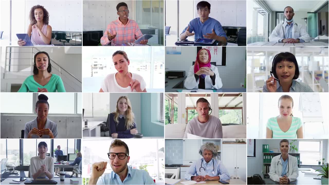 Team of work colleagues displayed on screens talking on video call using electronic devices