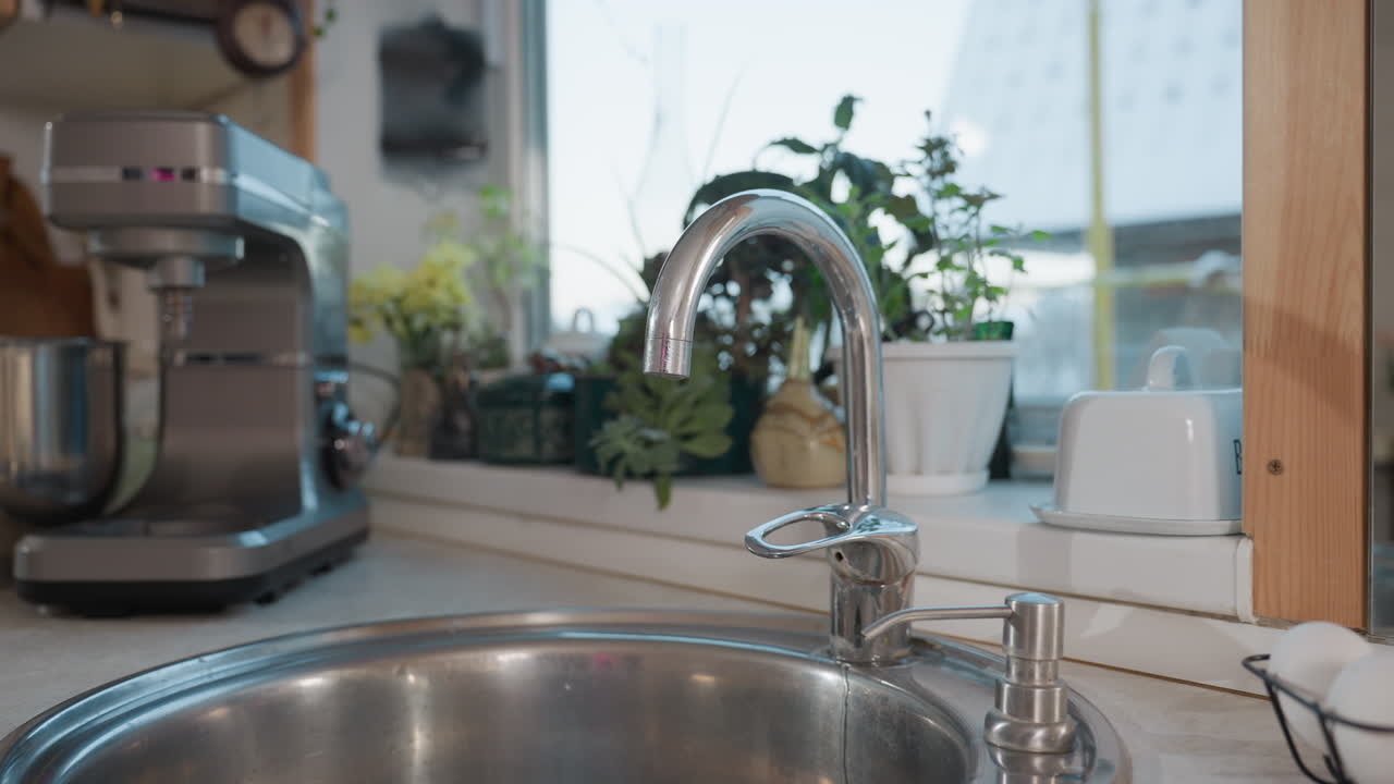Close up of shiny chrome kitchen faucet near stainless sink with electric blender machine in background, potted plants on windowsill, and eggs arranged neatly in white egg rack beside soap dispenser