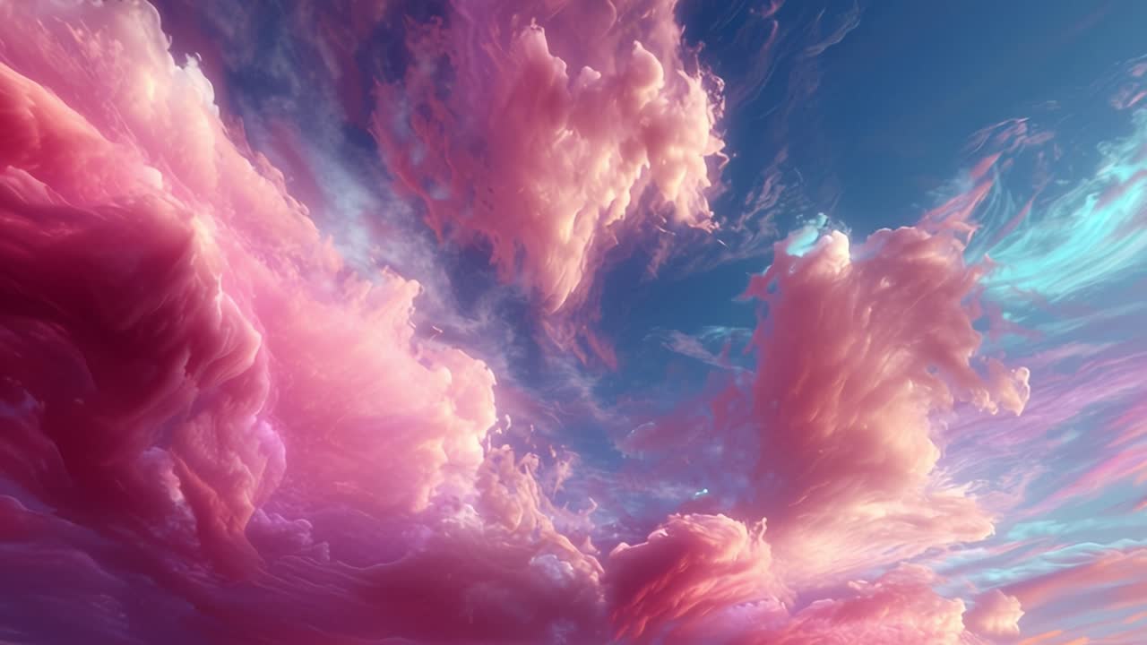 A breathtaking display of vibrant and ethereal clouds in dynamic pink and blue tones, showcasing the beauty of a serene sunset sky with radiant light reflecting off soft wisps of cloud formations