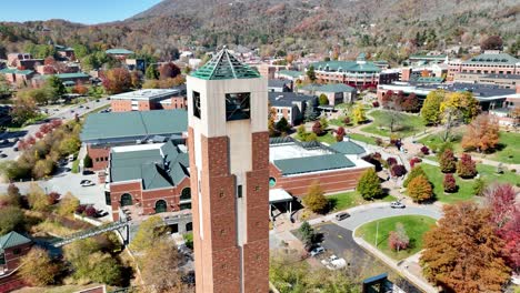 órbita aérea del campus de la universidad estatal de los apalaches en boone nc, carolina del norte