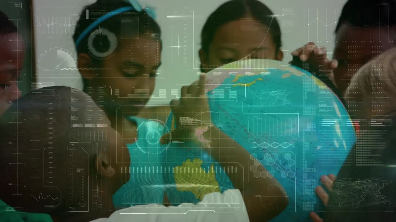 Animation of data processing over schoolchildren looking at globe in class