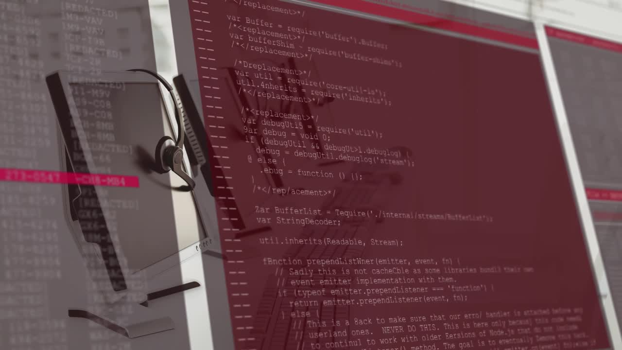 Digital interface data processing against empty office in background
