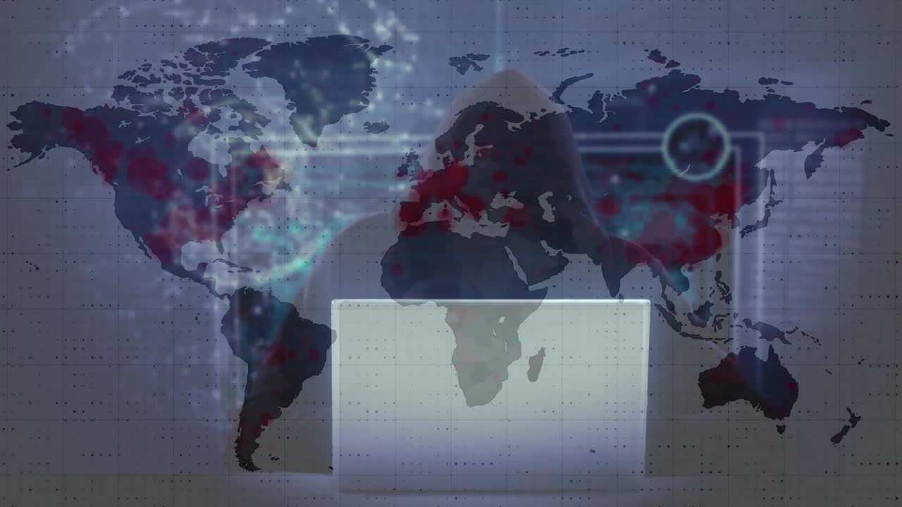 animación del procesamiento de datos sobre un hacker con una computadora portátil