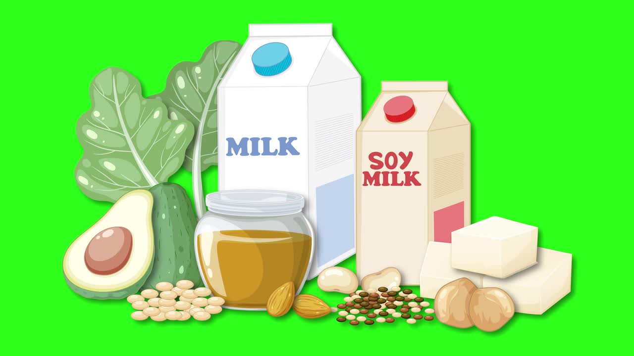 Various vegan foods and drinks appear sequentially, assembling into a grouped composition, bright lighting