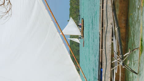 Taking-tourists-on-a-ride-on-a-pirogue-in-Upi-Bay,-New-Caledonia---vertical