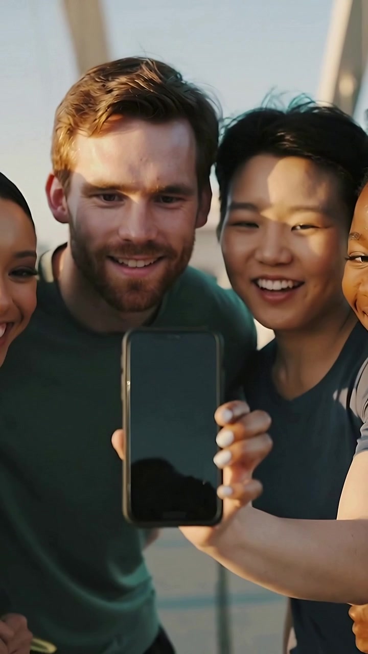 Video verticale: Tre amici con uno smartphone in mano, appoggiati a un ponte illuminato dal sole, in posa per un selfie.