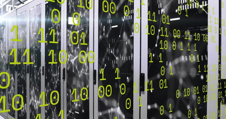 Binary digits fading in and cascading across racks while camera panning right visualizing data flow