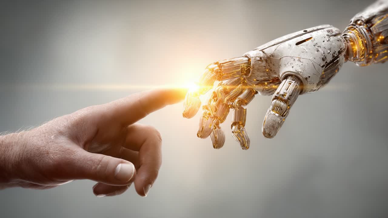 Ein eindrucksvoller Moment der Verbindung zwischen Menschheit und Künstlicher Intelligenz: Erforschung der Verschmelzung von organischen und mechanischen Realitäten durch Berührung.