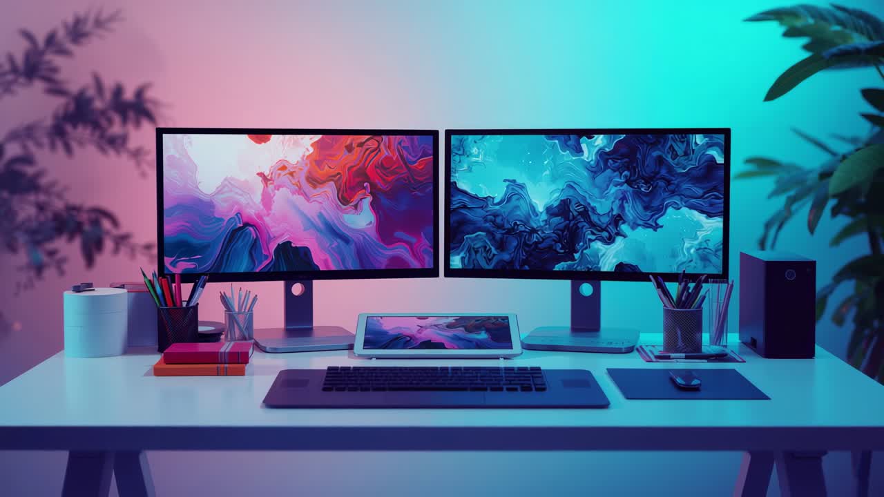 Showing minimalist desk setup at home office, displaying dual monitors, tablet, keyboard