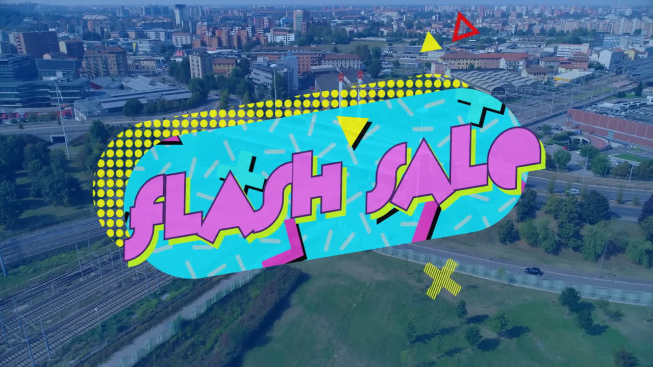 Cityscape being visualized from aerial view showing railway tracks and FLASH SALE in flat design