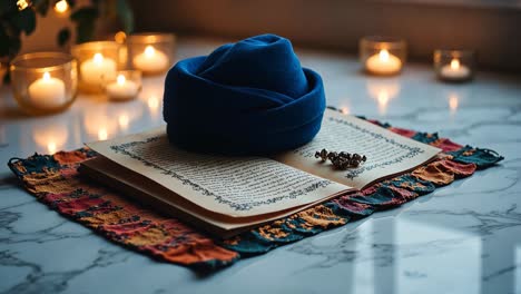 libro religioso con turbante y velas