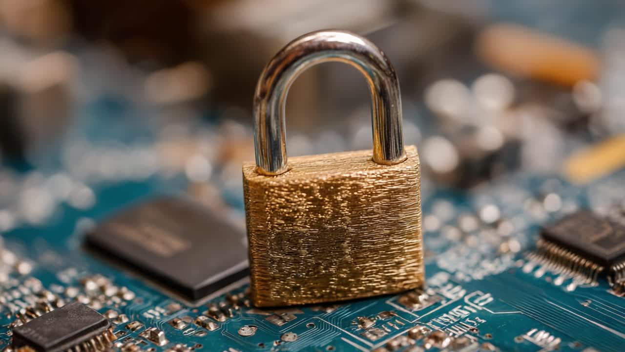 A Close-Up View of a Metallic Padlock on a Circuit Board, Highlighting the Intersection of Security and Technology in Modern Devices