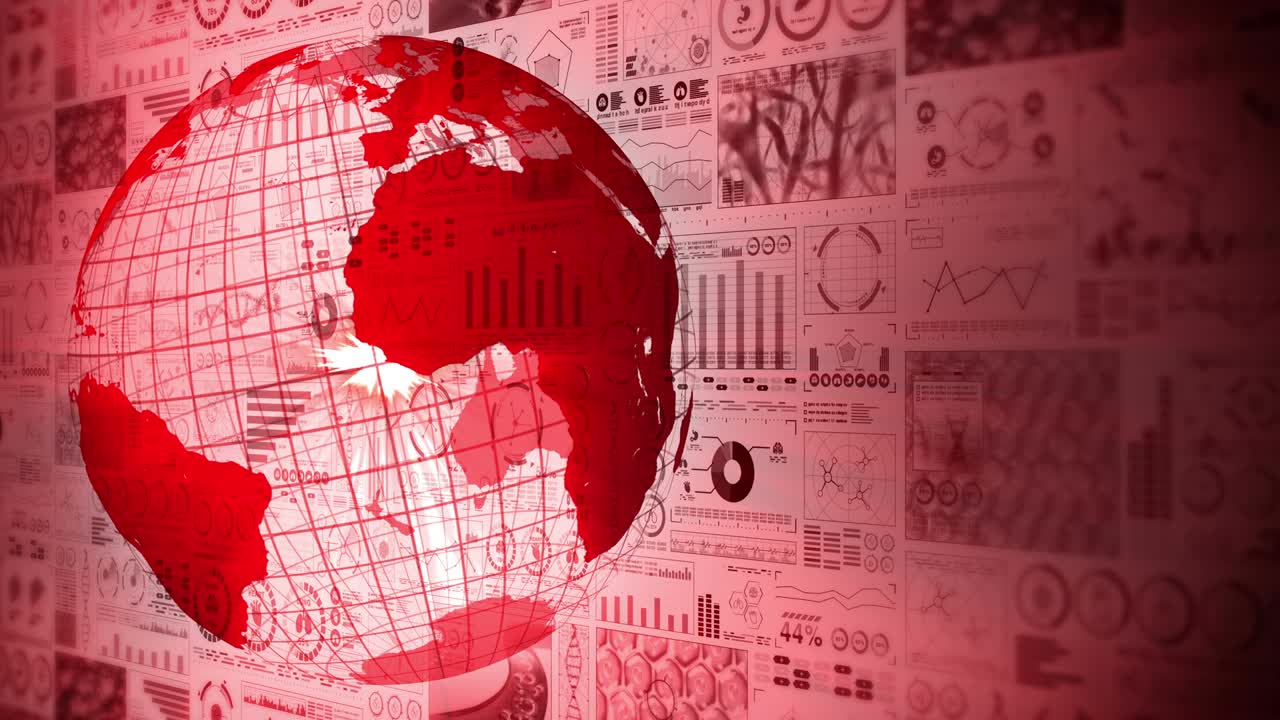 Pandemic of infection. Global earth with red dots of infection. Medical hologram elements of digital data graph. Infectious control. Cure virus. Loop animation.