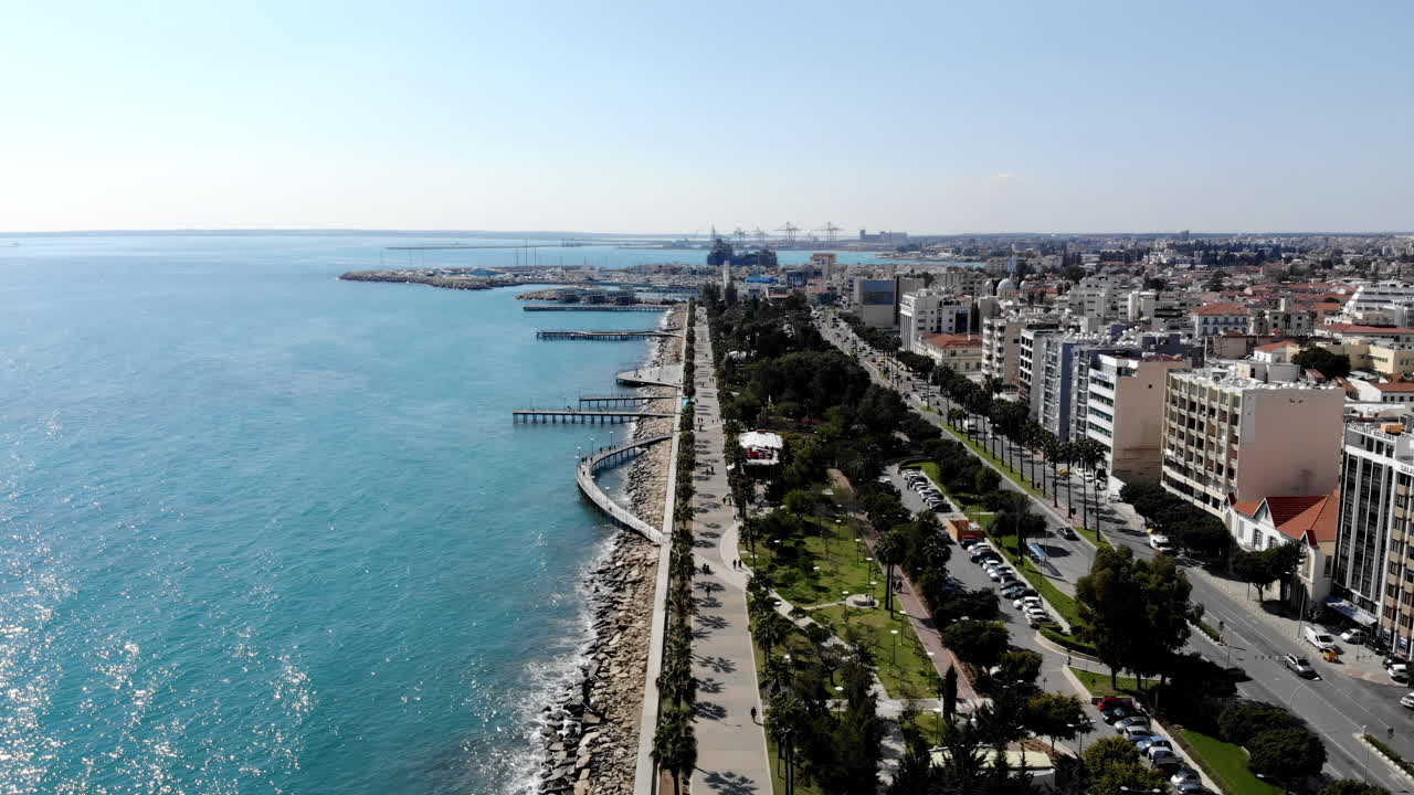 Aerial drone view of the Limassol Promenade on the coast of Cyprus