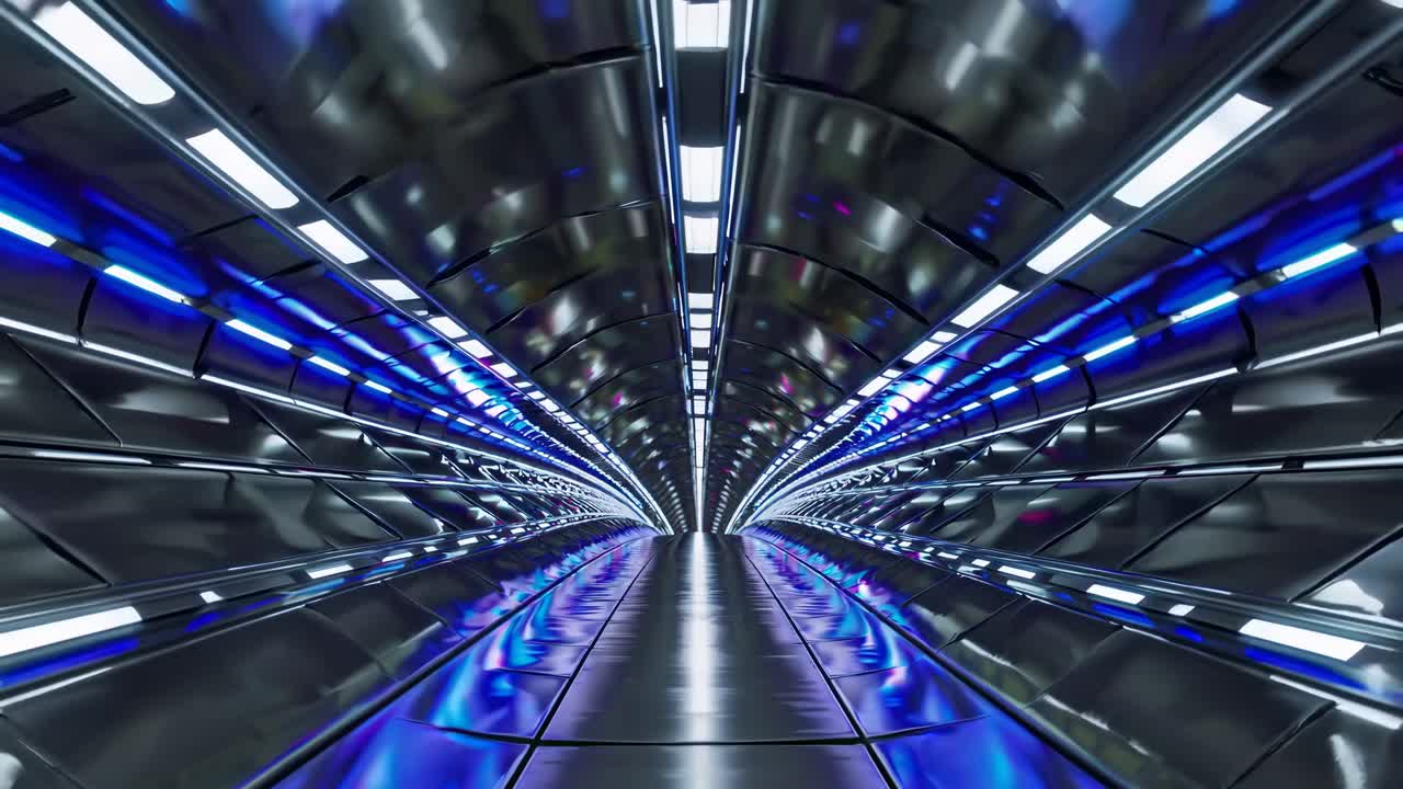 Futuristic tunnel with blue lights, captured from a low-angle perspective, creating a sense of depth