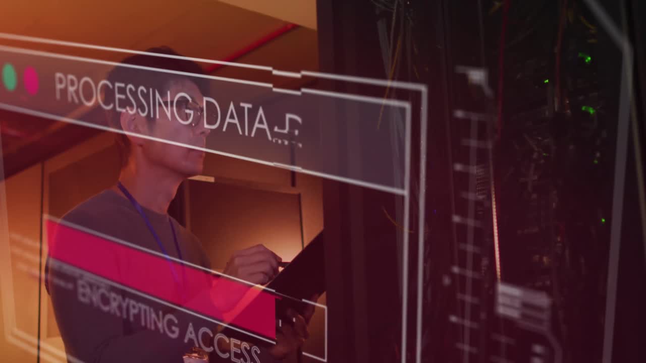 Animation of data over asian male it engineer with clipboard by computer server
