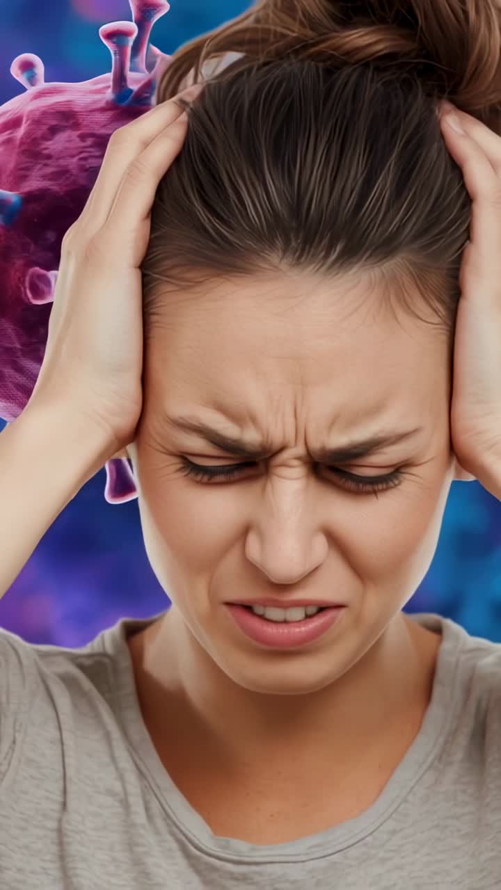 Vertical video: Reacting to 3D virus, woman pressing temples and grimacing from headache in studio