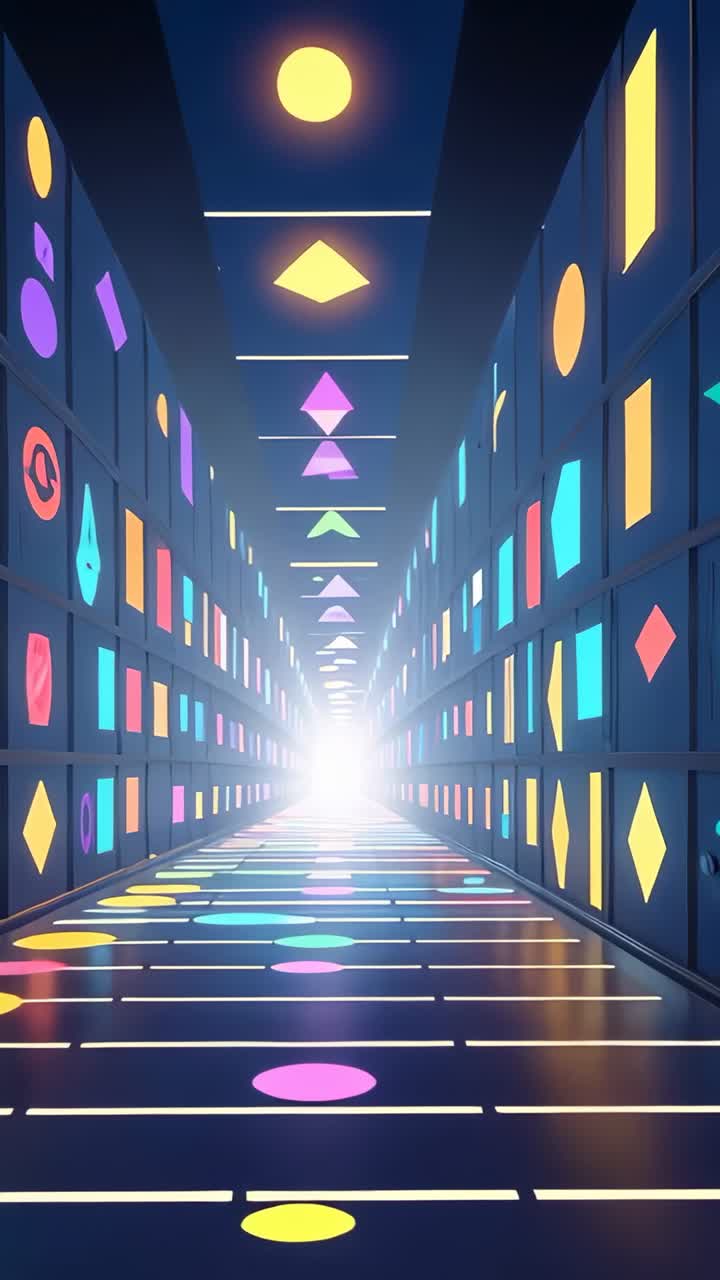 Vertical video: Moving camera gliding through neon corridor to portal revealing glowing shapes