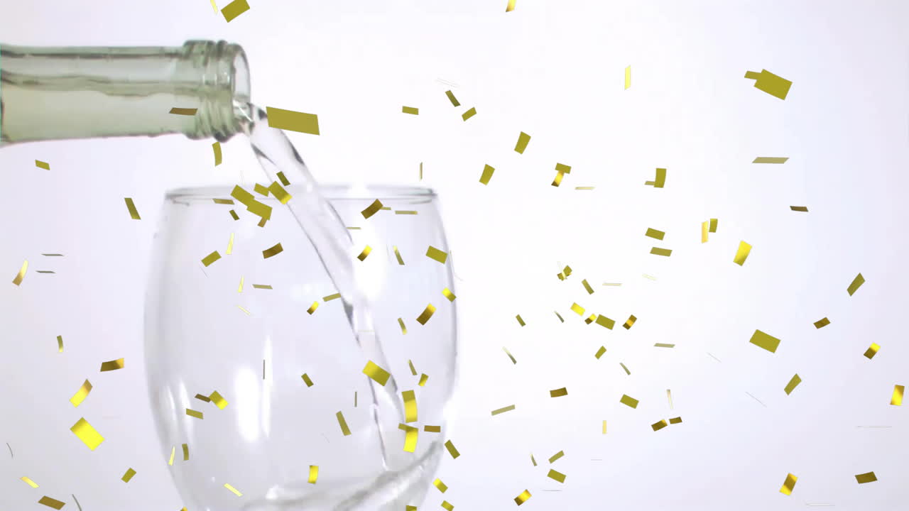 Animation of confetti over white wine pouring into glass on white background