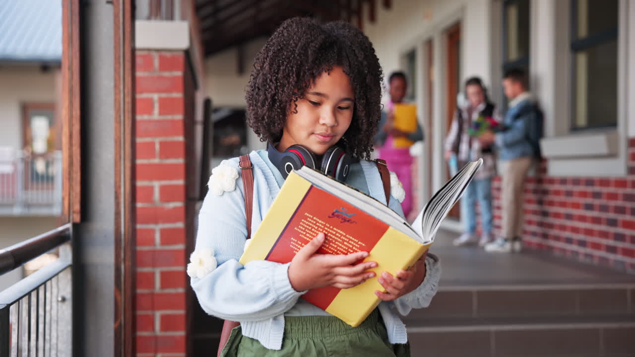 Students reading books in school hallway