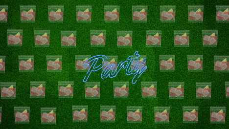 animation of party neon text in blue letters over pattern on green background