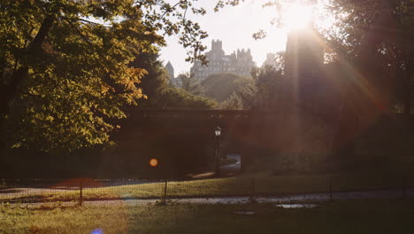 Central-Park-in-Beautiful-Sunny-Morning-in-Autumn-Fall-Season,-New-York-City-Manhattan,-Pedestrian-Bridge-and-Natural-Surroundings-With-Bright-Sunlight