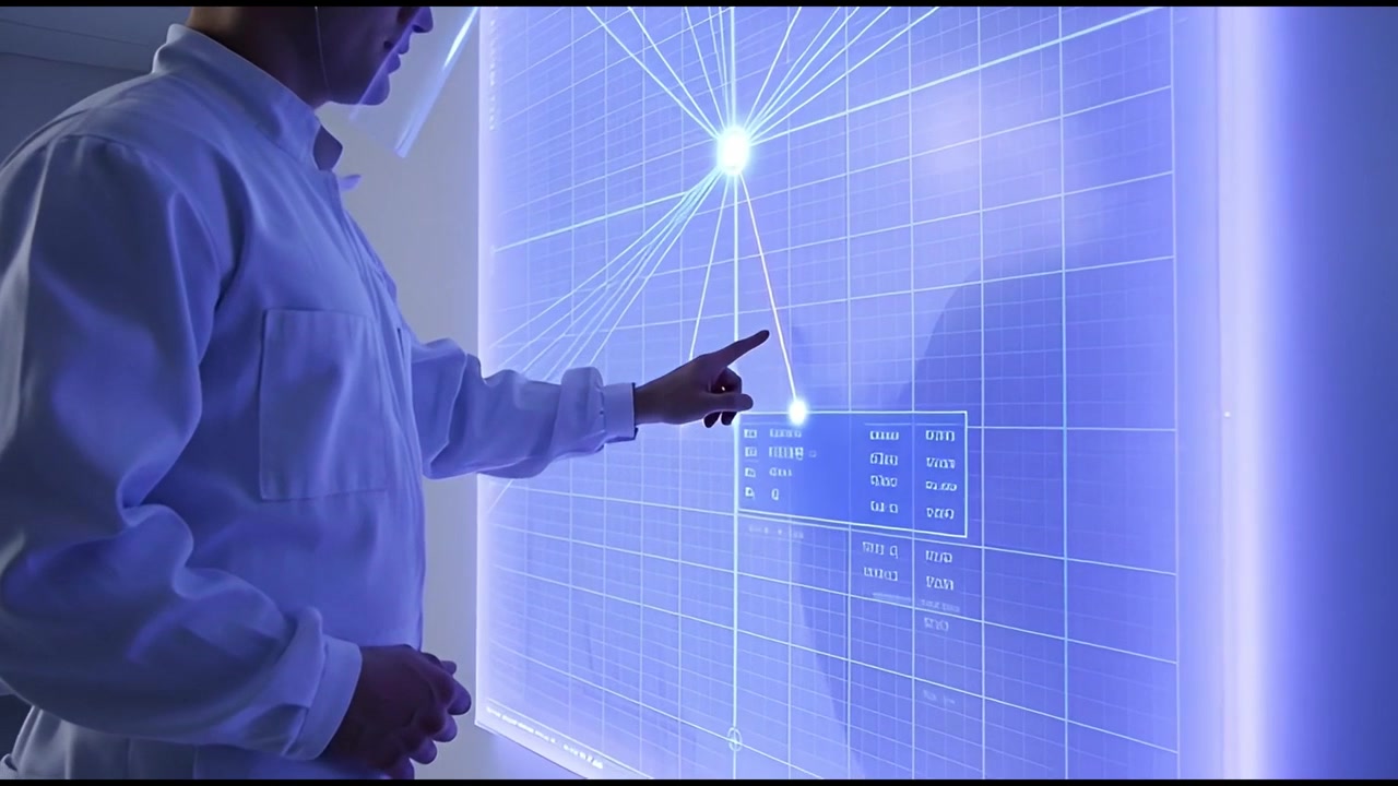 Scientist Interacting with Futuristic Transparent Touch Screen Displaying Data