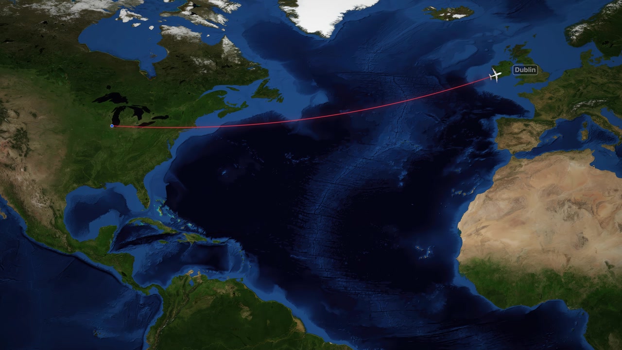 A red line tracks an airplane flying from Chicago to Dublin over the Atlantic Ocean