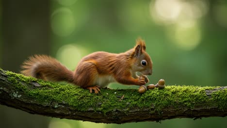 A Charming Squirrel Delicately Eating Acorns on a Mossy Branch Amidst a Lush Green Background in a Serene Natural Setting