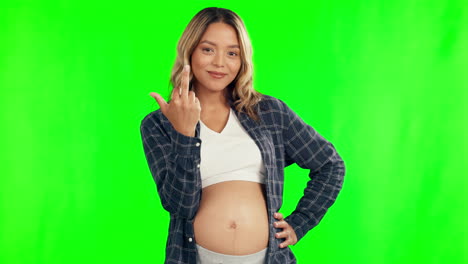 Pregnant,-green-screen-and-happy-woman-with-middle