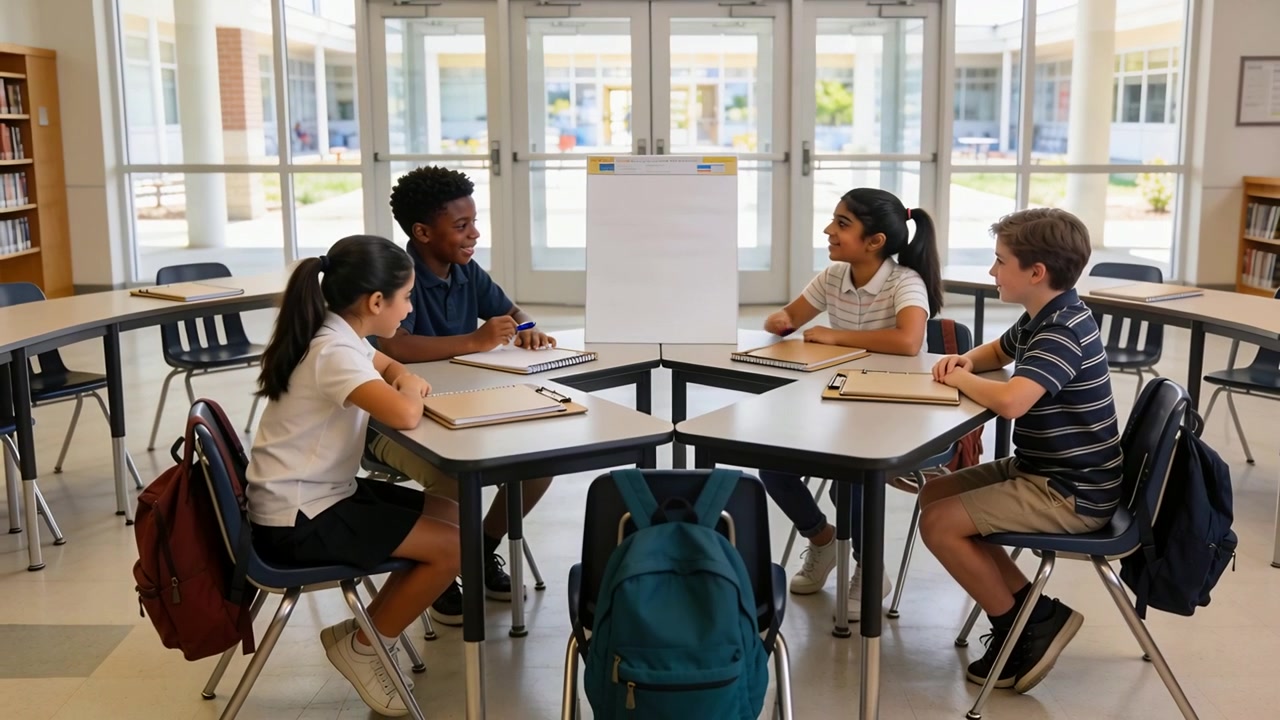 Pointing far-left boy sparking classmates wearing polos discussing group plan at school, flip chart