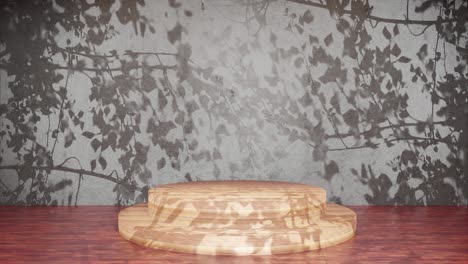 pedestal de madera con follaje sombreado telón de fondo negro