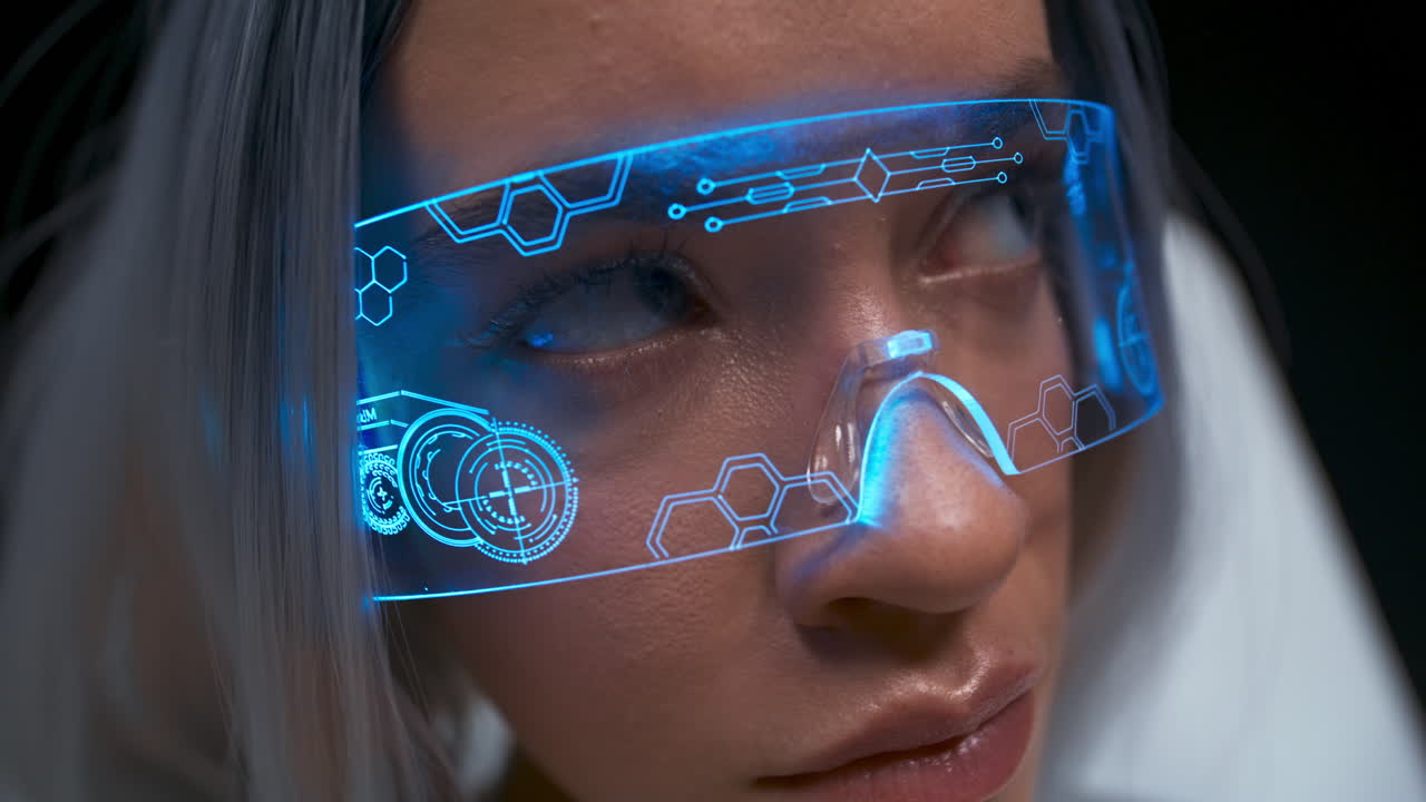 Serious VR glasses girl face closeup. Woman watching through smart goggles