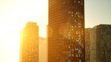 sunset aerial shot of skyscrapers of business centre