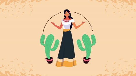 mexican woman in traditional dress with cactus