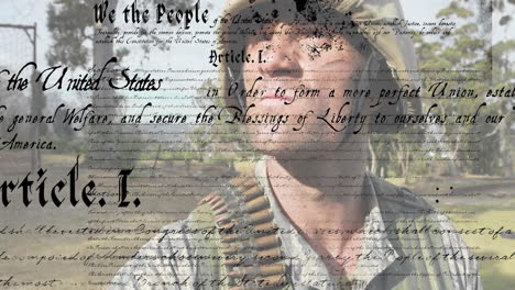 soldier with ammunition belt over united states constitution text animation