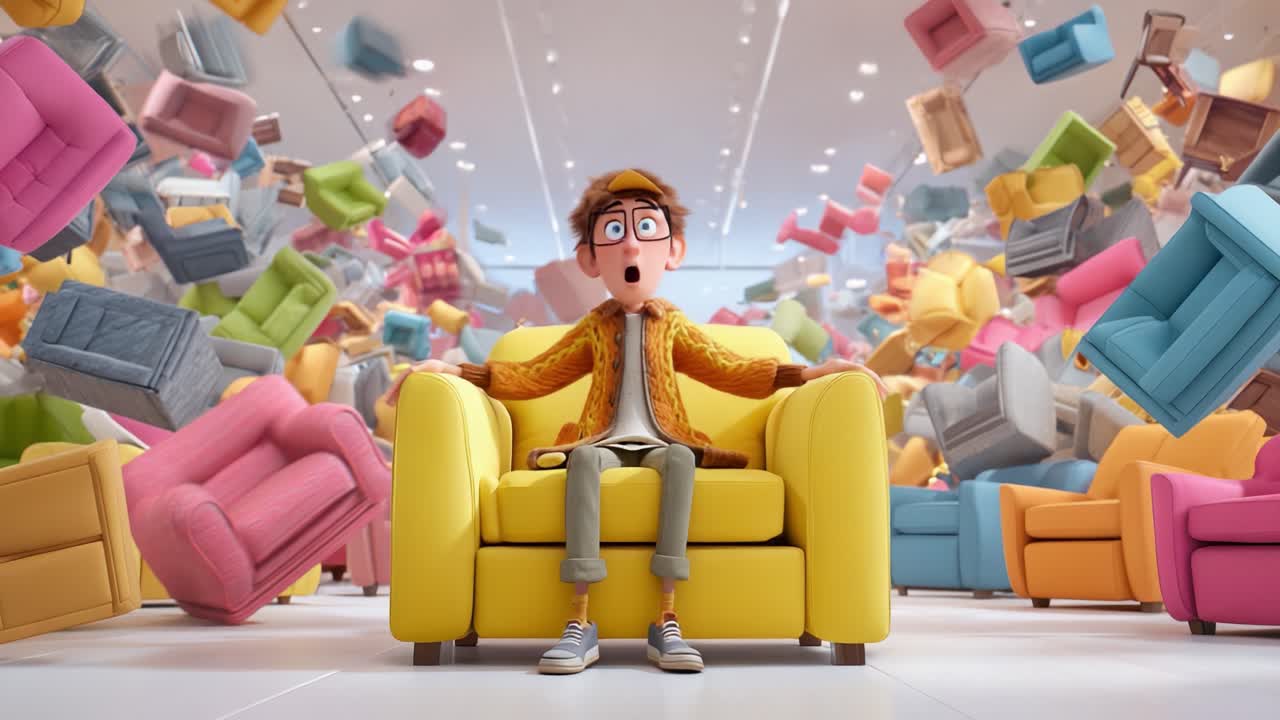 An animated character experiences a whirlwind of colorful chairs in a chaotic furniture store scene, showcasing a humorous contrast between panic and calm as the setting transforms around him