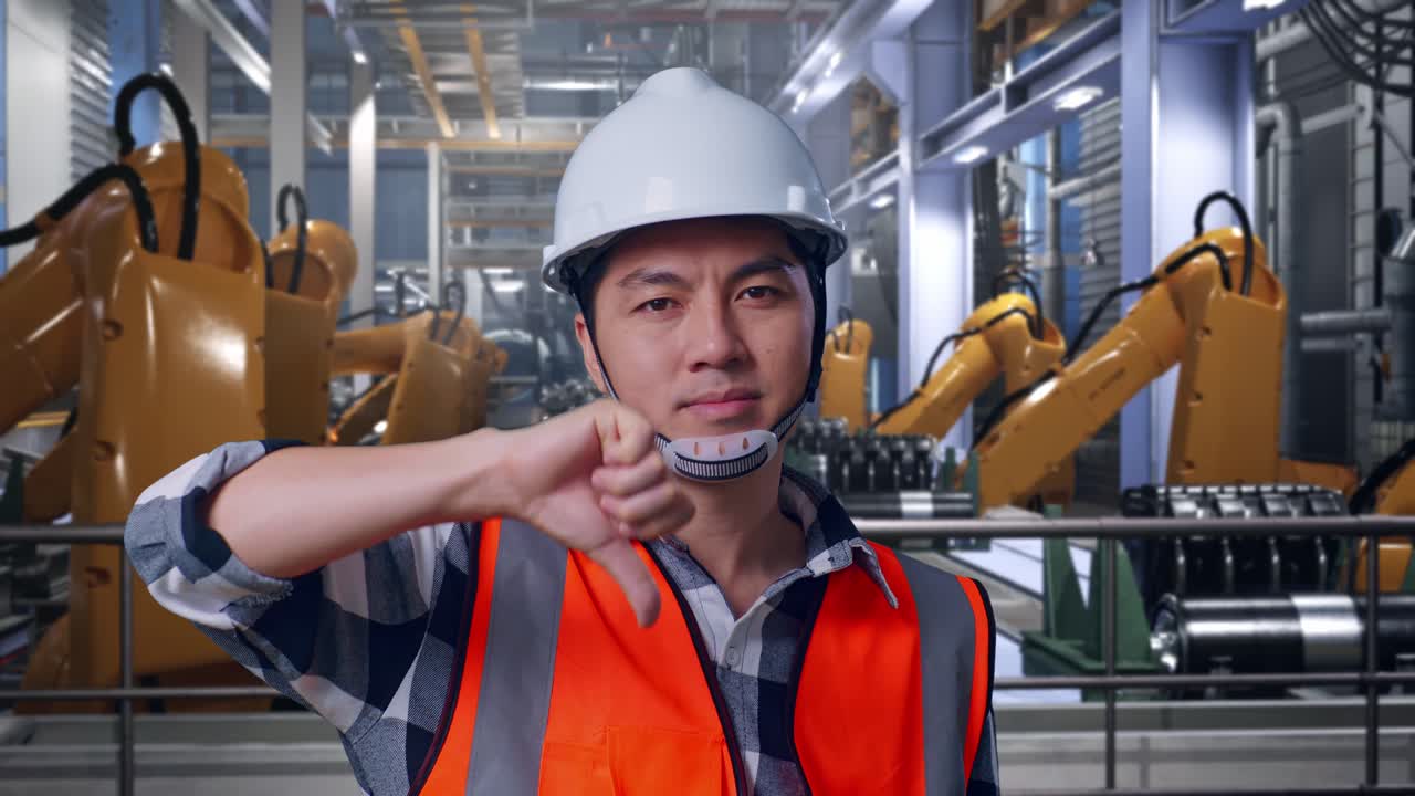 Close Up Of Asian Male Engineer With Safety Helmet Showing Thumbs Down Gesture And Shaking His Head While Standing With Industrial Robotic Arms Working