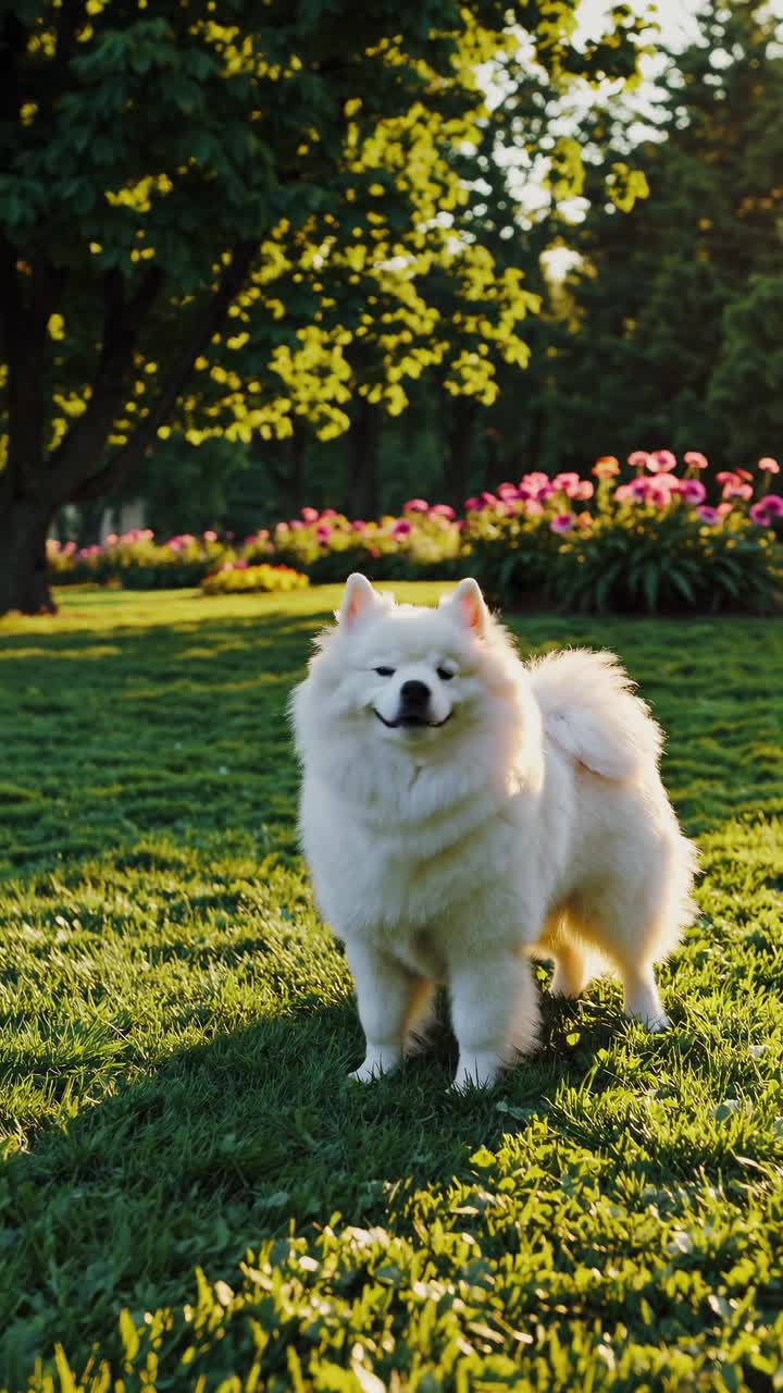 Anjing Putih Bahagia Bermain di Taman Hijau saat Golden Hour