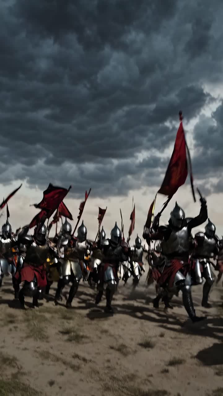 Toma dramática en contrapicado de caballeros medievales con armadura bajo cielos tormentosos, que captura una batalla épica.
